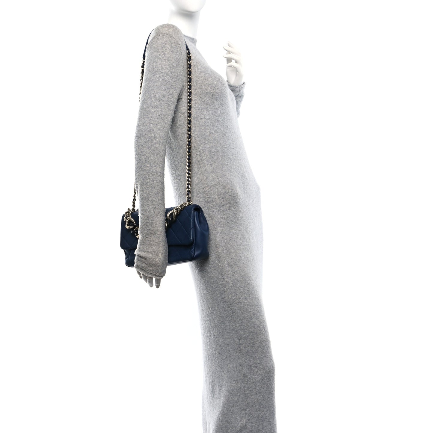 Lambskin Quilted Resin Bi-Color Chain Flap Bag Navy