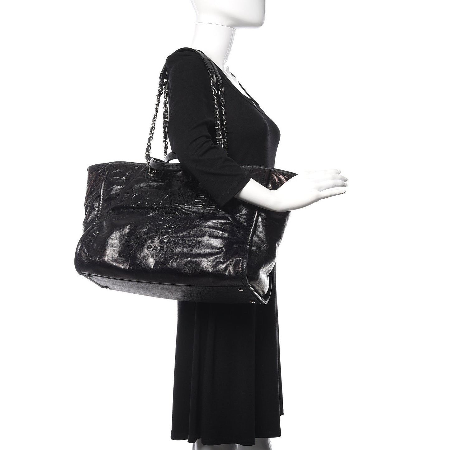 Glazed Calfskin Large Deauville Tote Black