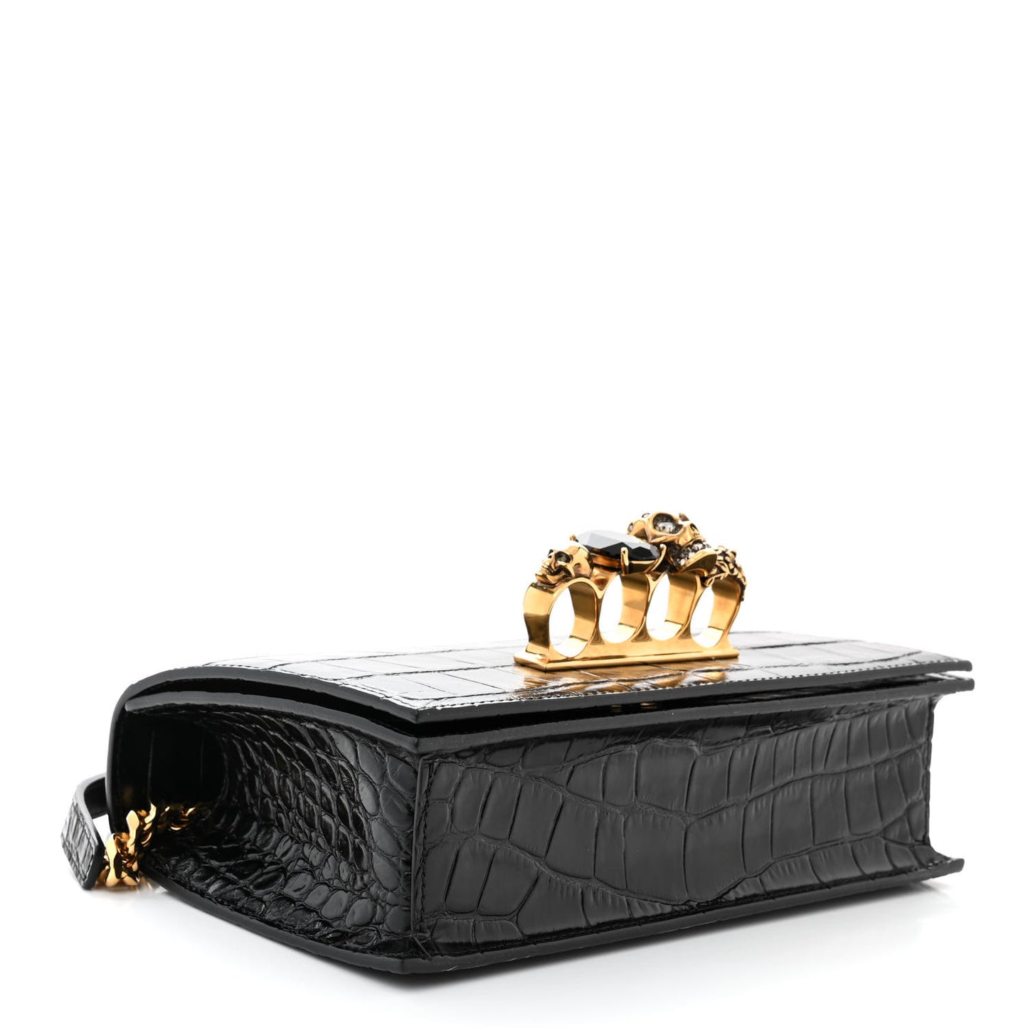 Shiny Crocodile Embossed Jeweled Satchel Black