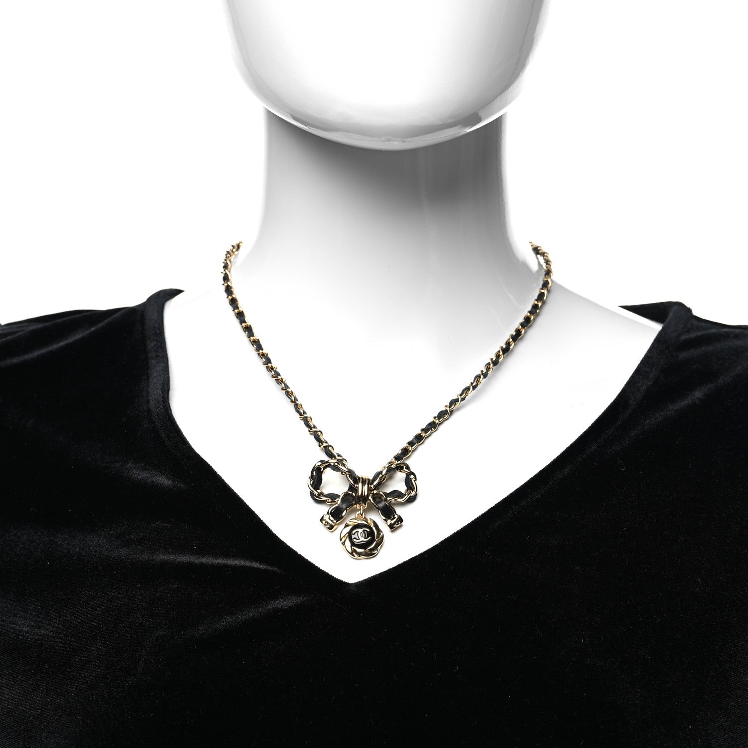 Chanel Metal Lambskin Chain CC Bow Necklace Black Gold 2 of 5