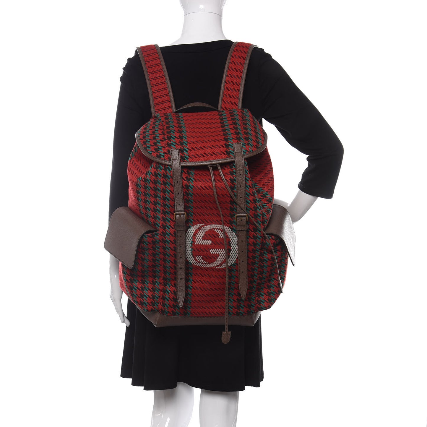 Cotton Wool Houndstooth Interlocking G Backpack Red Green New Acero