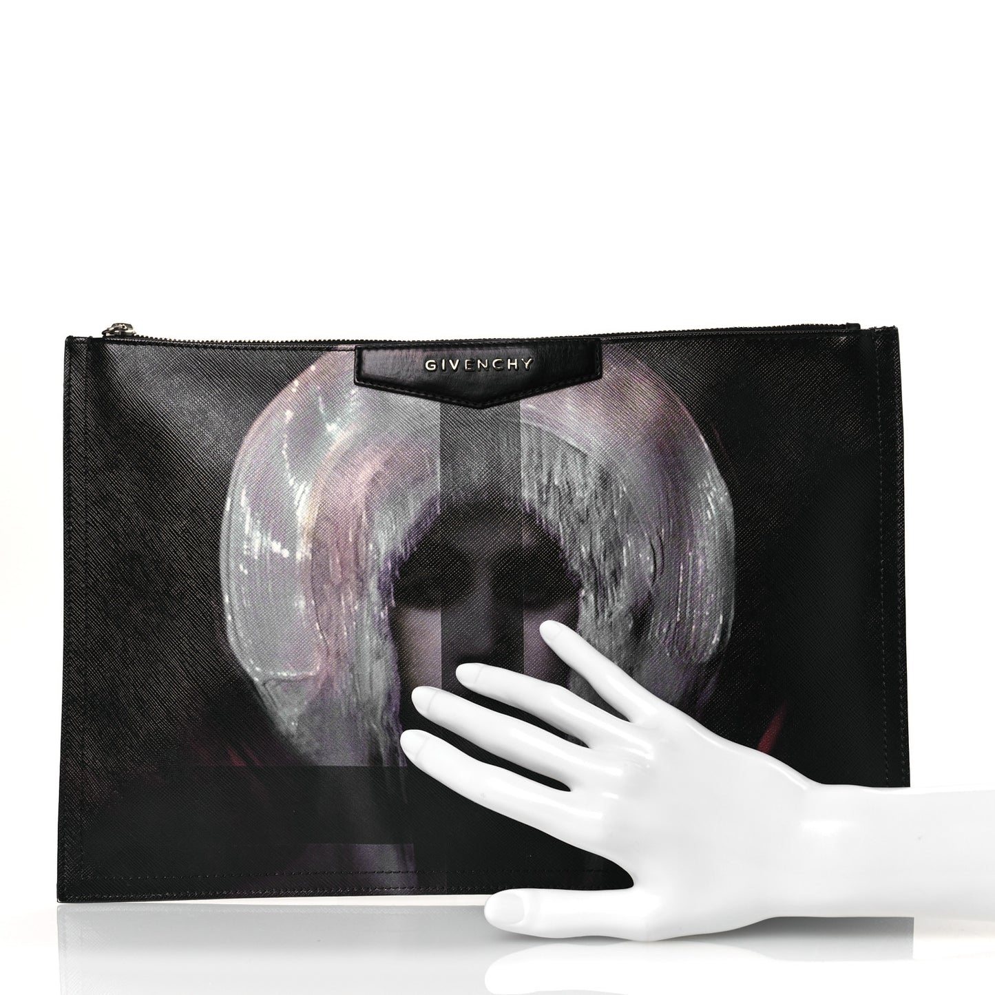 Textured Coated Canvas Madonna Print Large Cosmetic Pouch Black