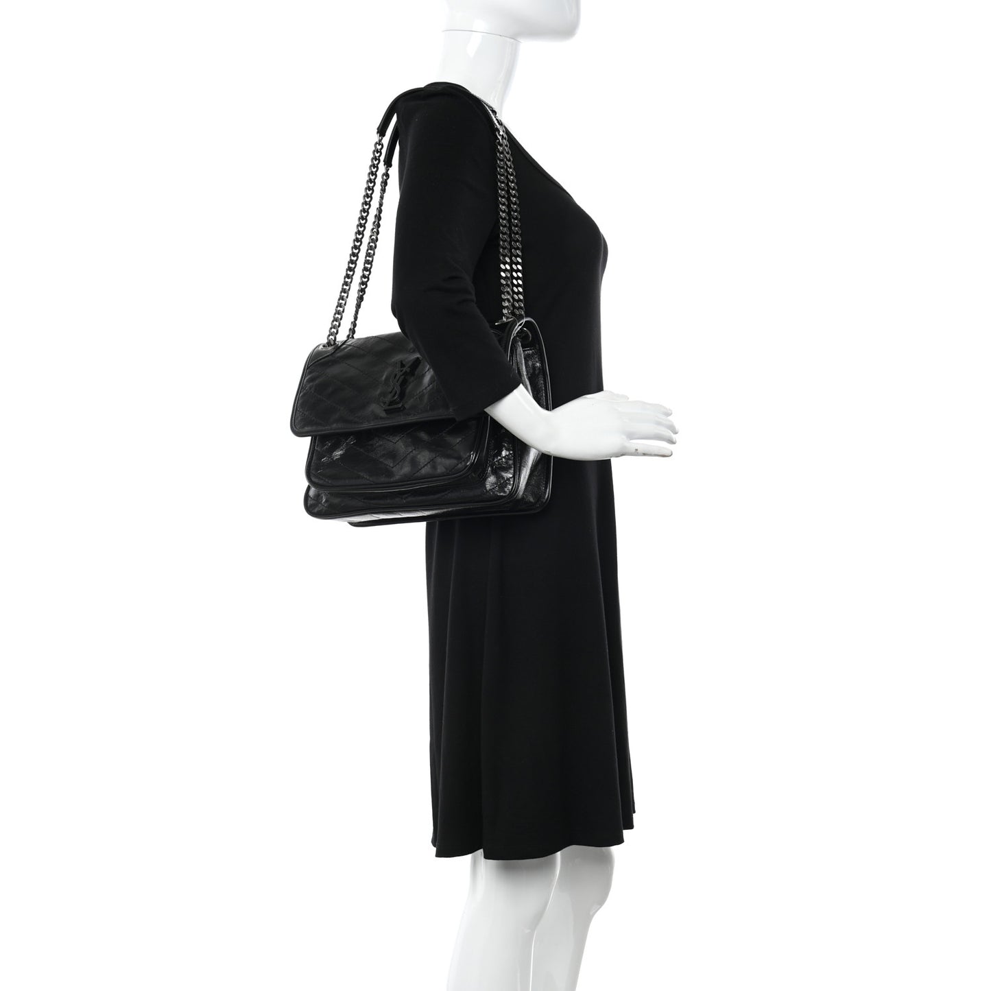 Crinkled Calfskin Matelasse Monogram Medium Niki Chain Satchel Black