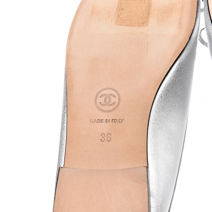 Chanel Laminated Lambskin Grosgrain Cap Toe CC Ballerina Flats 36 Silver Black 6 of 16