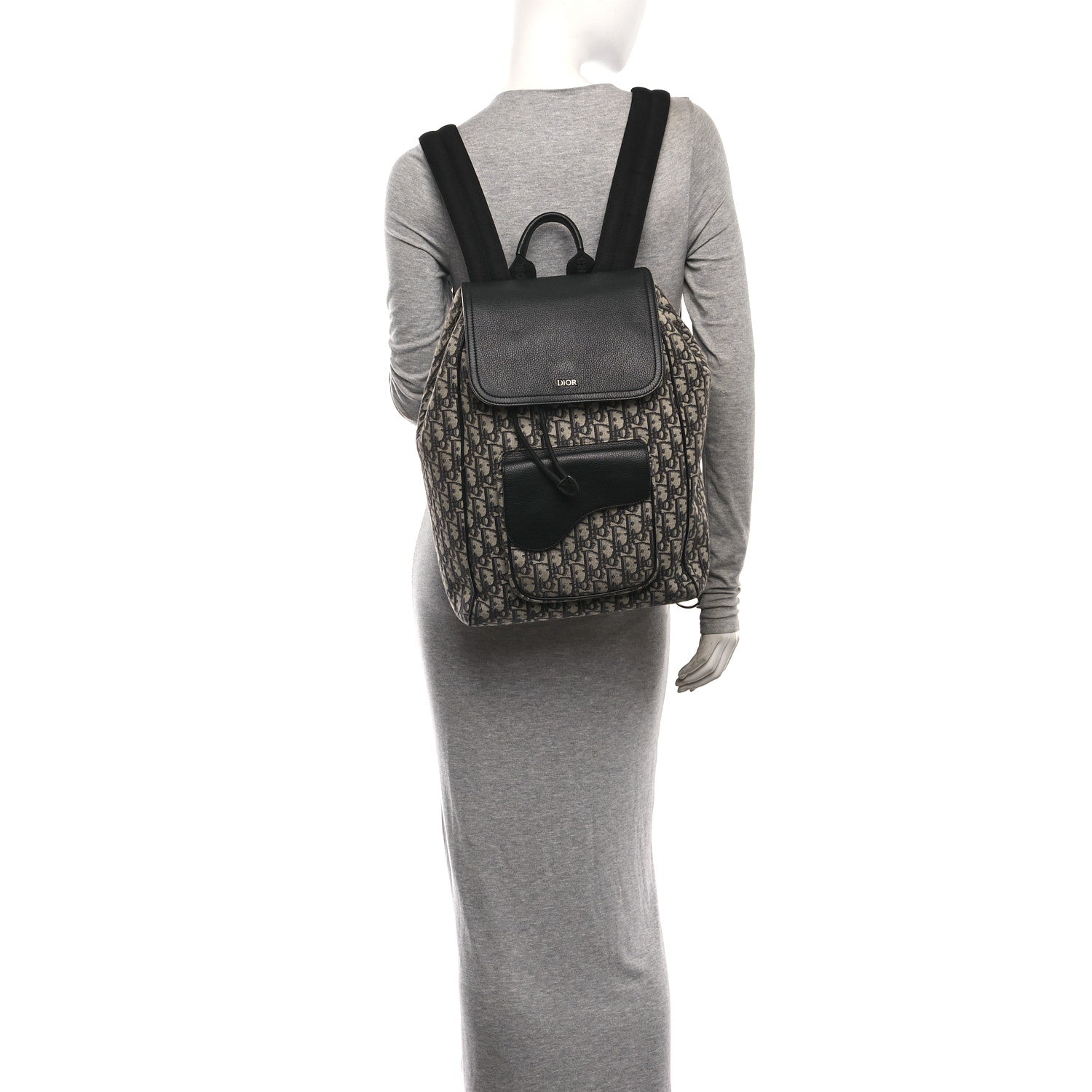Christian Dior Oblique Jacquard Grained Calfskin Drawstring Saddle Backpack Beige Black 2 of 11