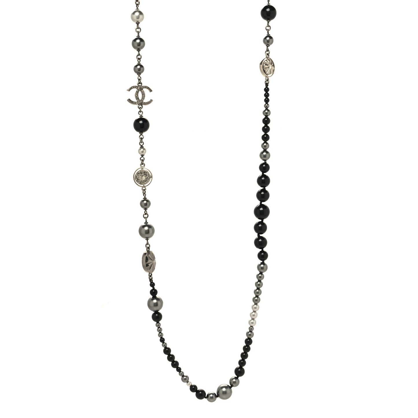 Pearl Crystal Beaded CC Long Necklace Black Silver