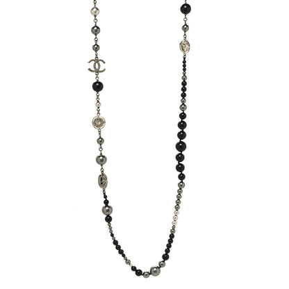 Chanel Pearl Crystal Beaded CC Long Necklace Black Silver 1 of 5