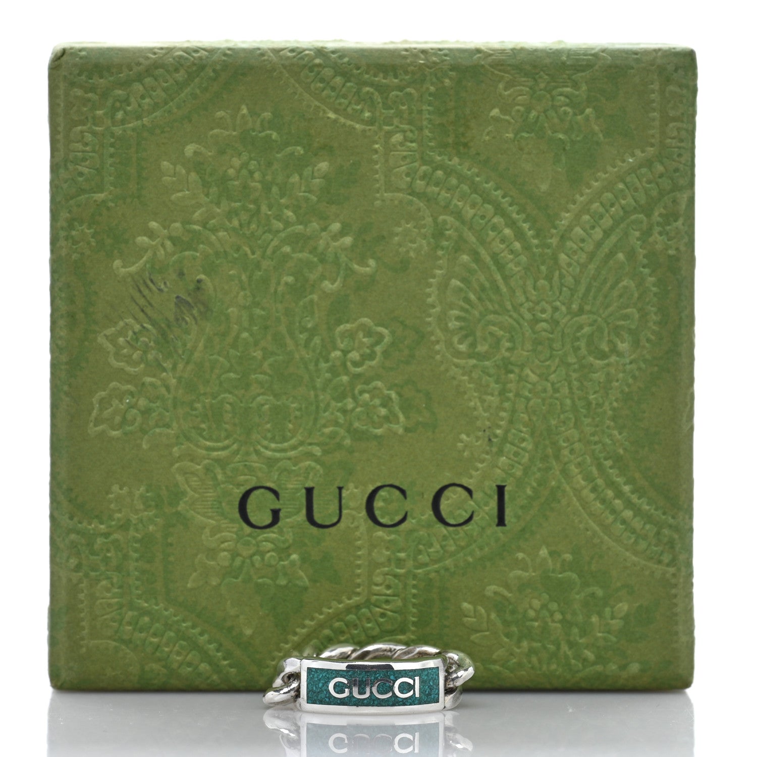 Gucci Sterling Silver Enamel Logo Chain Ring 55 7.25 Turquoise 5 of 5
