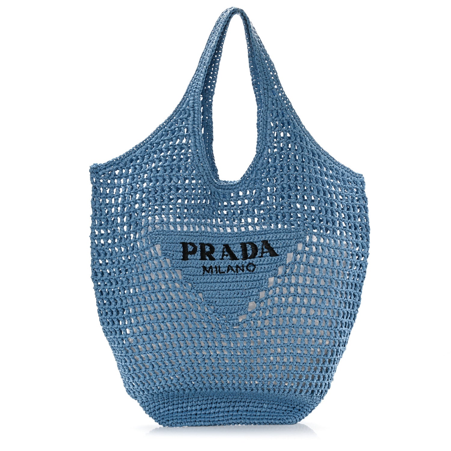 Prada Yarn Raffia Effect Crochet Logo Embroidered Shopping Tote Bag Celeste 1 of 10