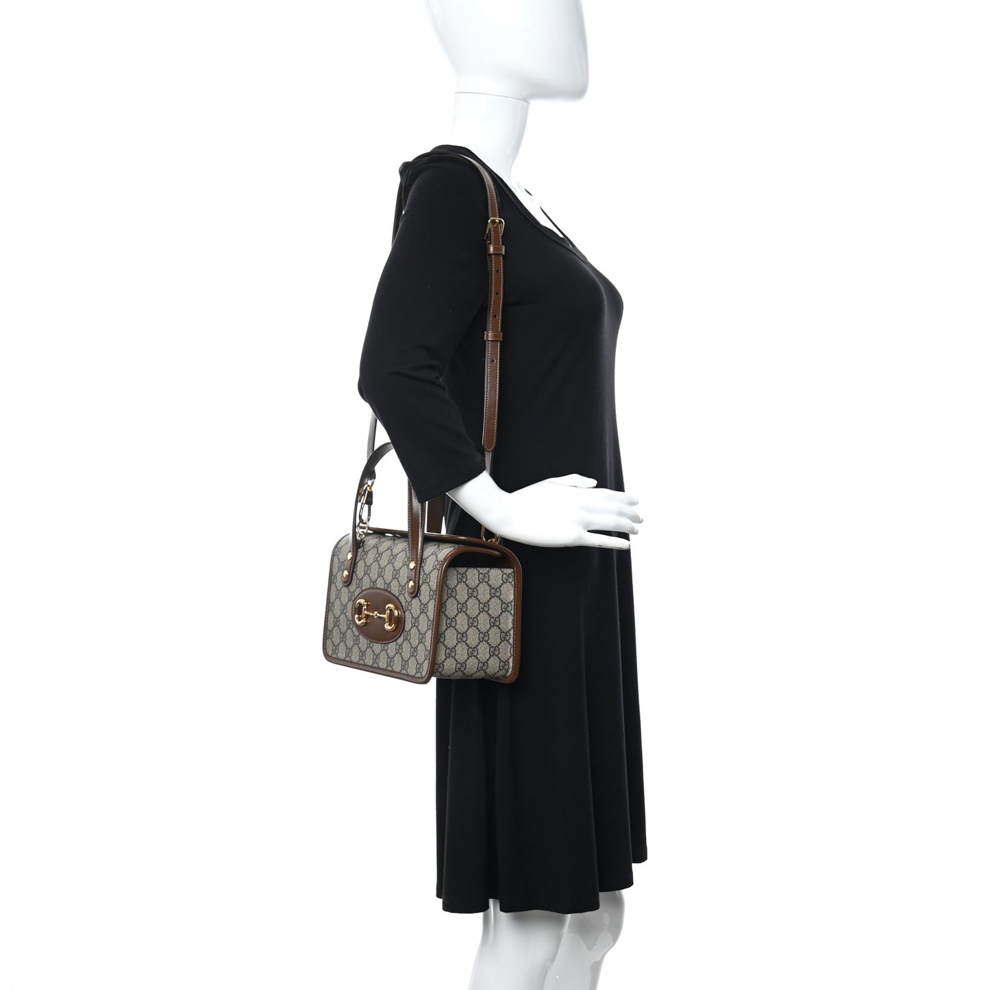 GG Supreme Monogram Azalea Calfskin Mini Horsebit 1955 Foldover Top Handle Bag Beige Ebony Brown Sugar