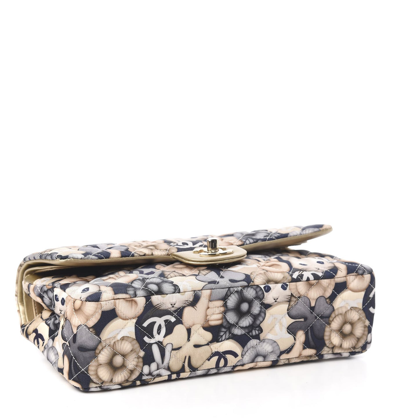 Nylon Quilted Medium Cat Emoticon Double Flap Navy Gold