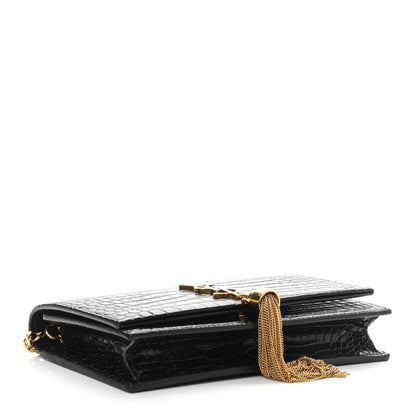 Saint Laurent Calfskin Crocodile Embossed Kate Monogram Tassel Chain Wallet Black 5 of 11
