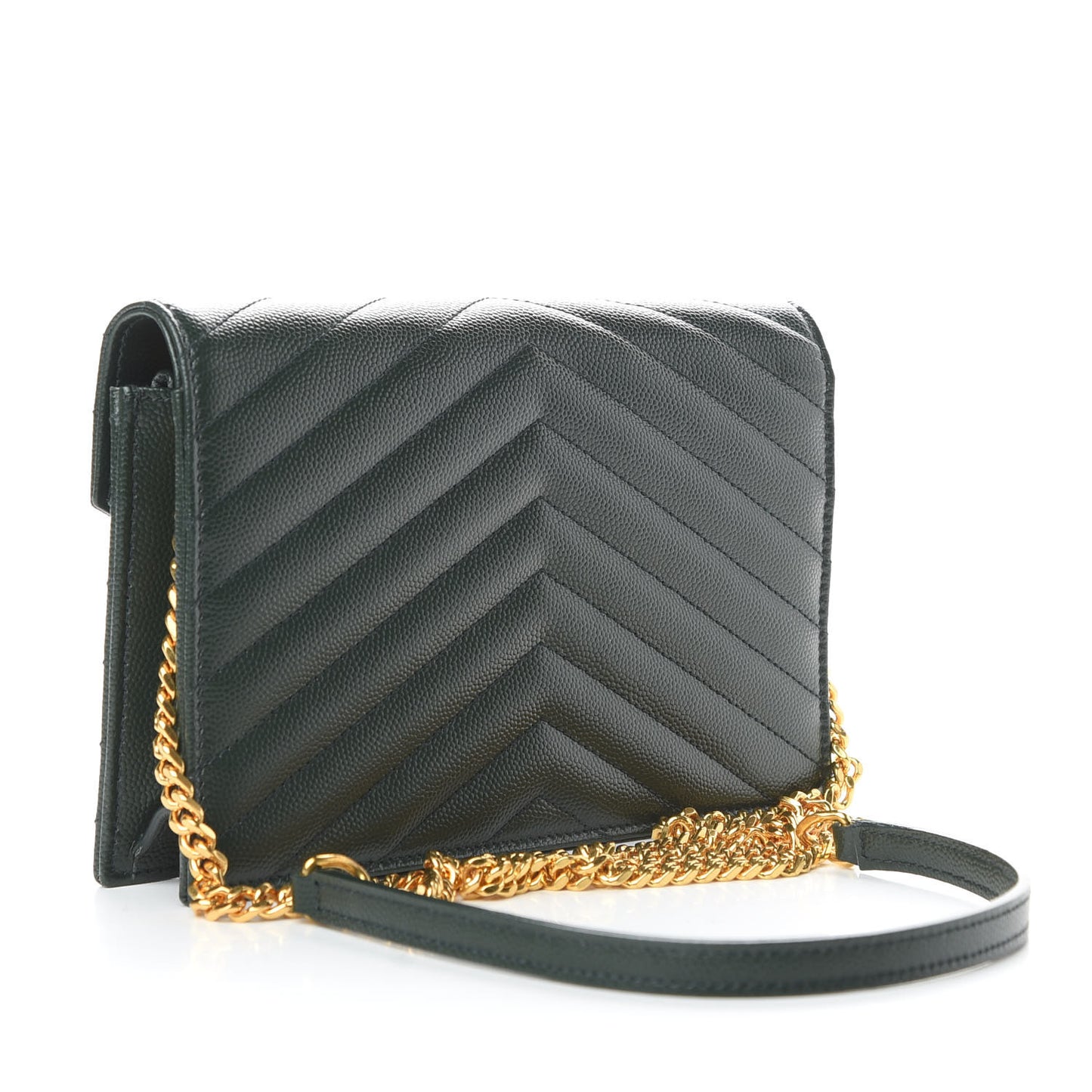 Grain De Poudre Matelasse Chevron Monogram Envelope Chain Wallet Dark Green