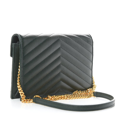 Saint Laurent Grain De Poudre Matelasse Chevron Monogram Envelope Chain Wallet Dark Green 3 of 9