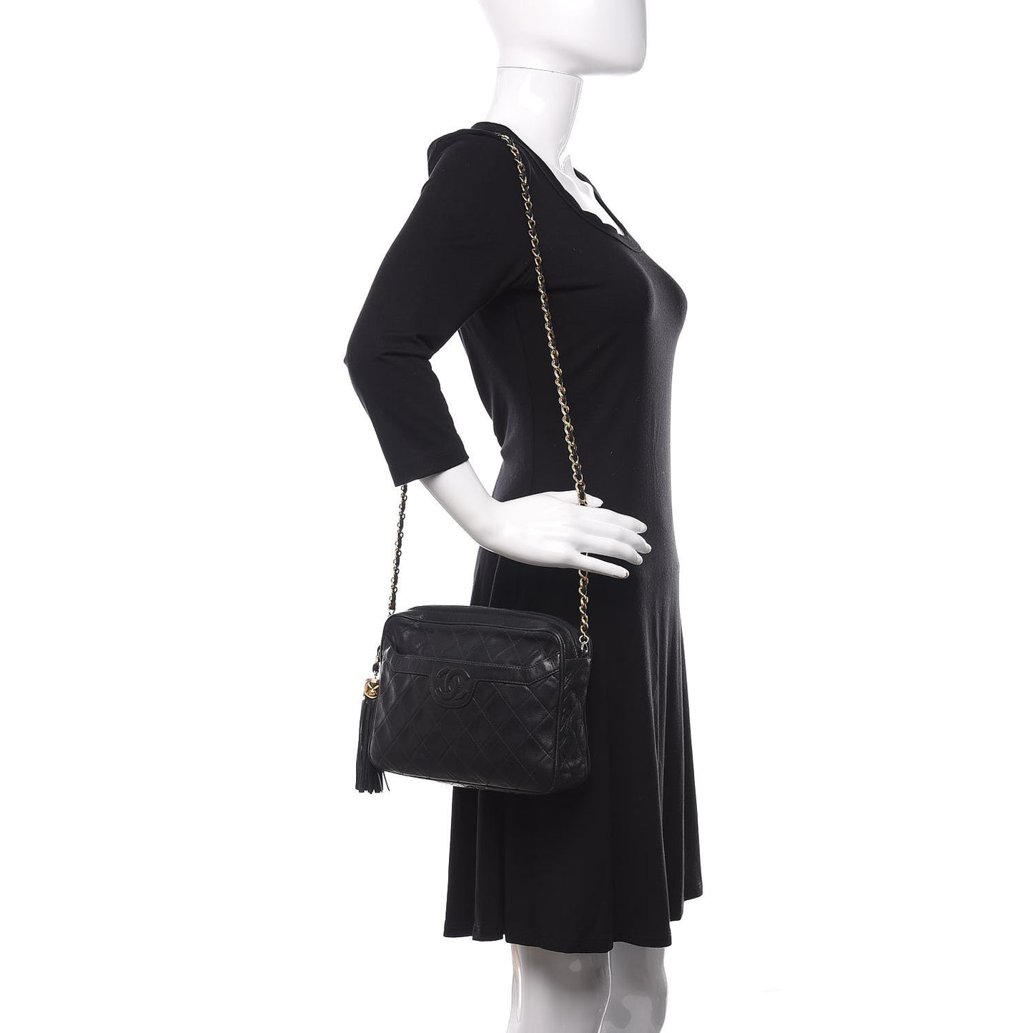 Lambskin Quilted CC Tassel Camera Case Black