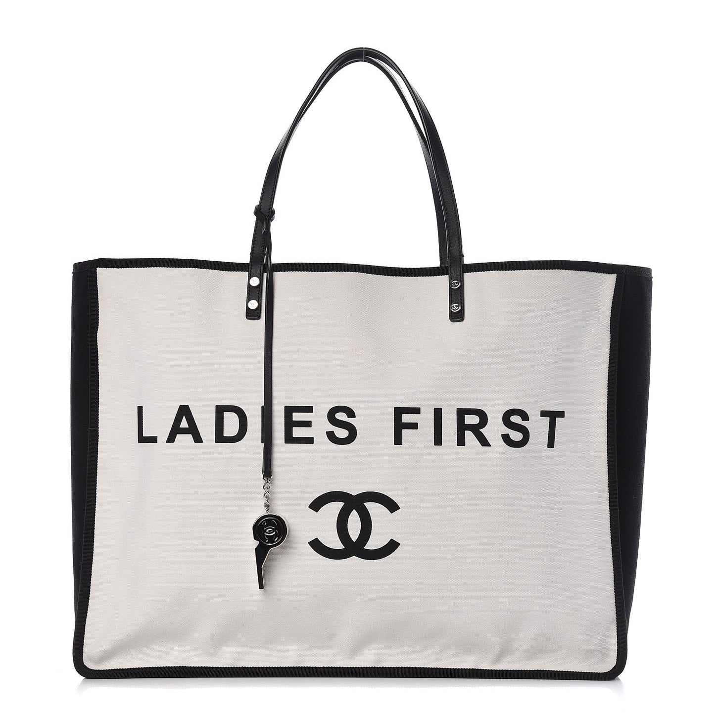 Canvas Calfskin Large Let's Demonstrate Tote White Black