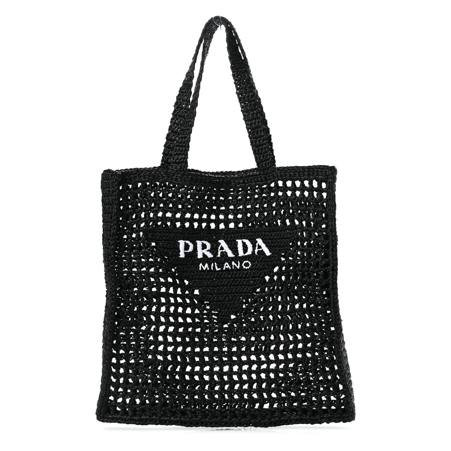 Yarn Raffia Effect Crochet Logo Embroidered Tote Bag Black