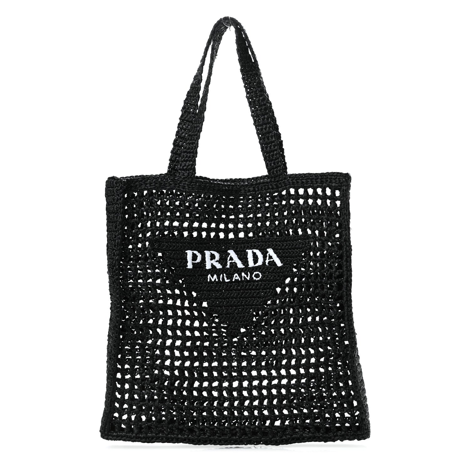 Prada Yarn Raffia Effect Crochet Logo Embroidered Tote Bag Black 1 of 10