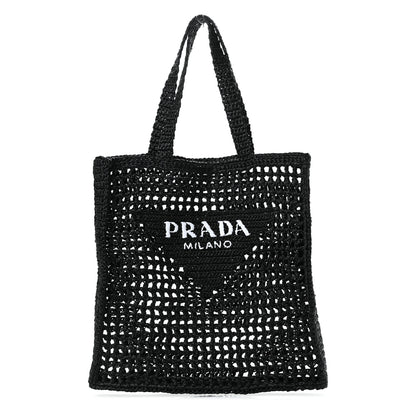 Prada Yarn Raffia Effect Crochet Logo Embroidered Tote Bag Black 1 of 10