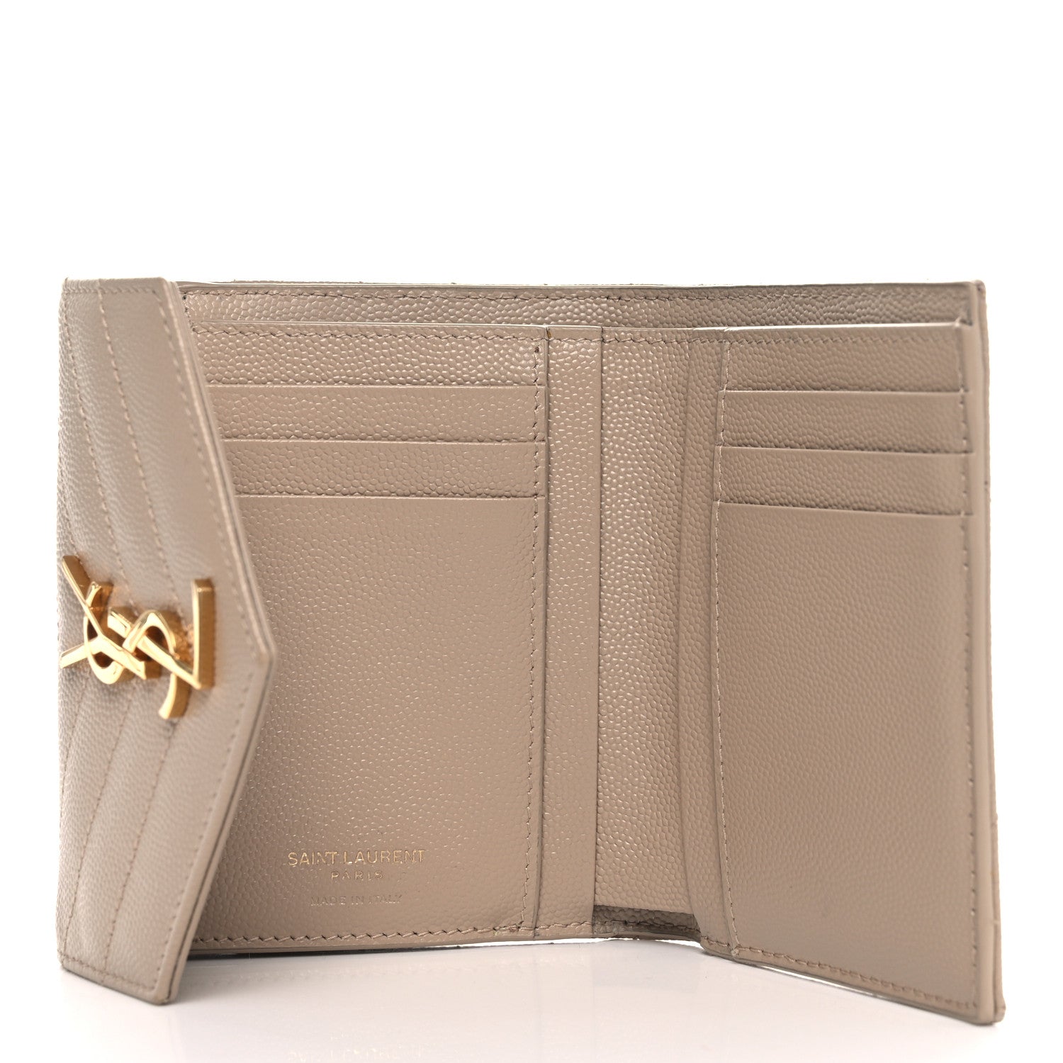 Saint Laurent Grain De Poudre Matelasse Chevron Monogram Compact Tri Fold Wallet Dark Beige 5 of 6