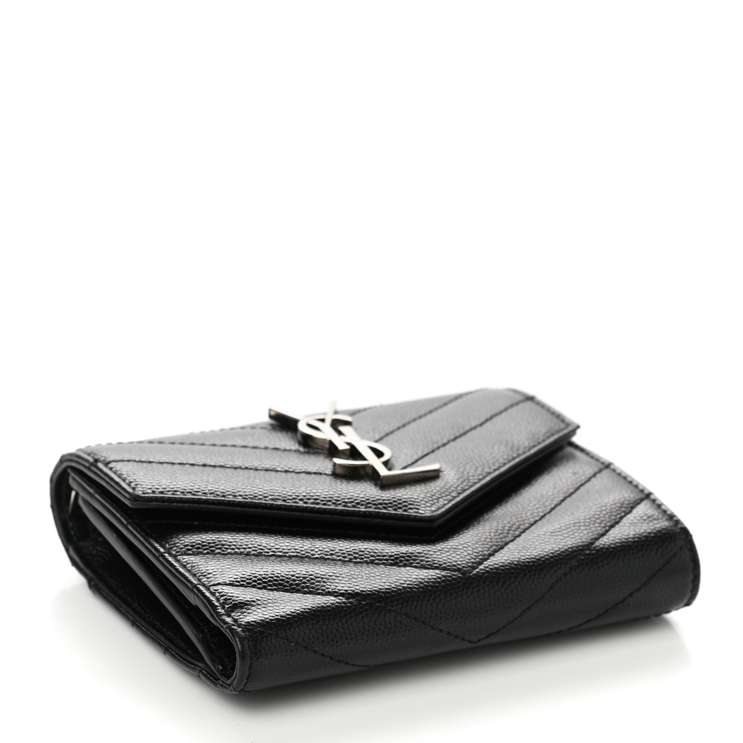 Saint Laurent Grain De Poudre Matelasse Chevron Monogram Compact Tri Fold Wallet Black 4 of 8
