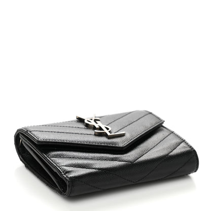 Saint Laurent Grain De Poudre Matelasse Chevron Monogram Compact Tri Fold Wallet Black 4 of 8