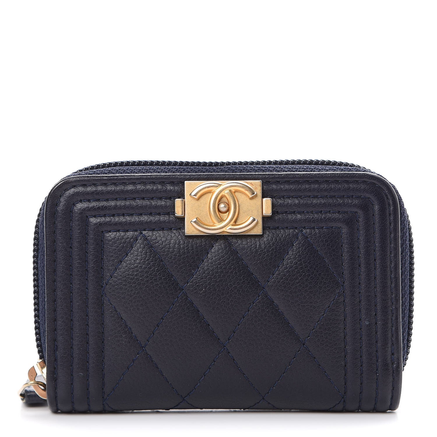 Chanel Caviar Quilted Boy Zip Around Coin Purse Wallet Navy 1 of 7
