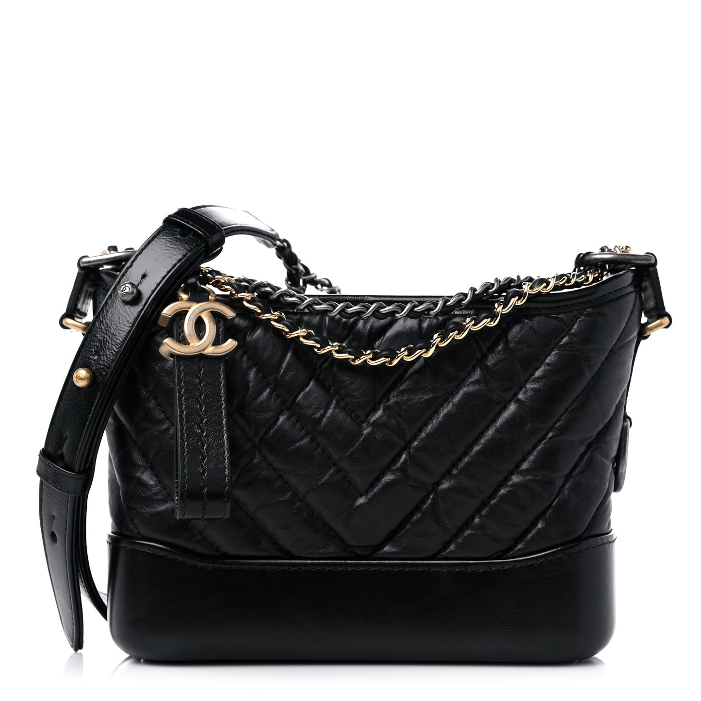 Aged Calfskin Chevron Quilted Small Gabrielle Hobo Black