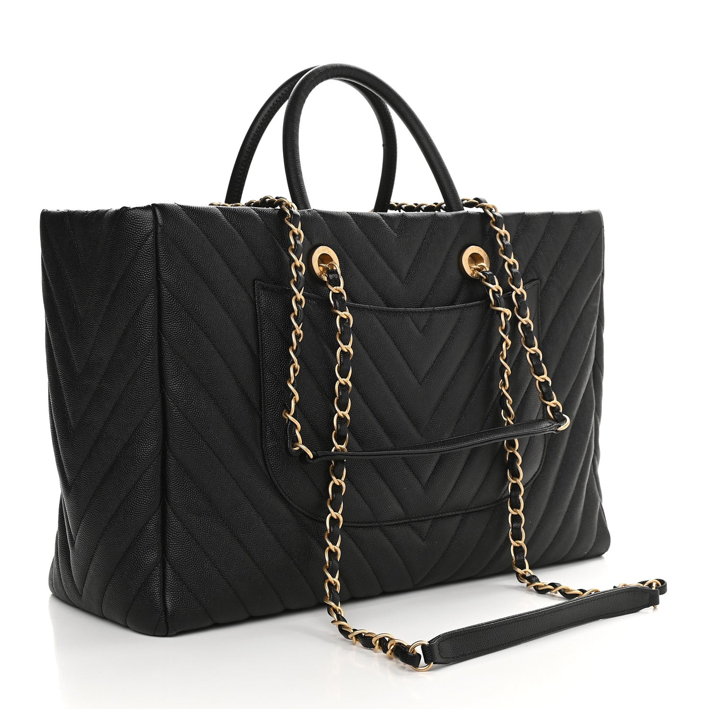 Caviar Chevron Quilted Coco Handle Shopping Tote Black