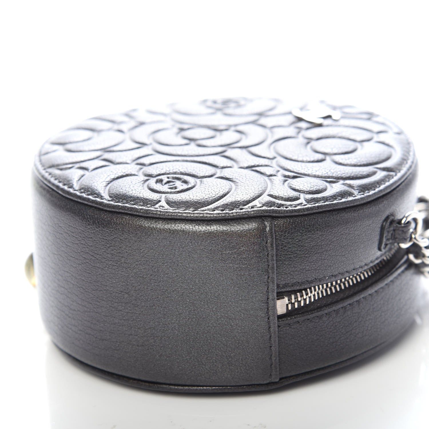 Chanel Goatskin Camellia Quilted Round Clutch With Chain Grey 9 of 10