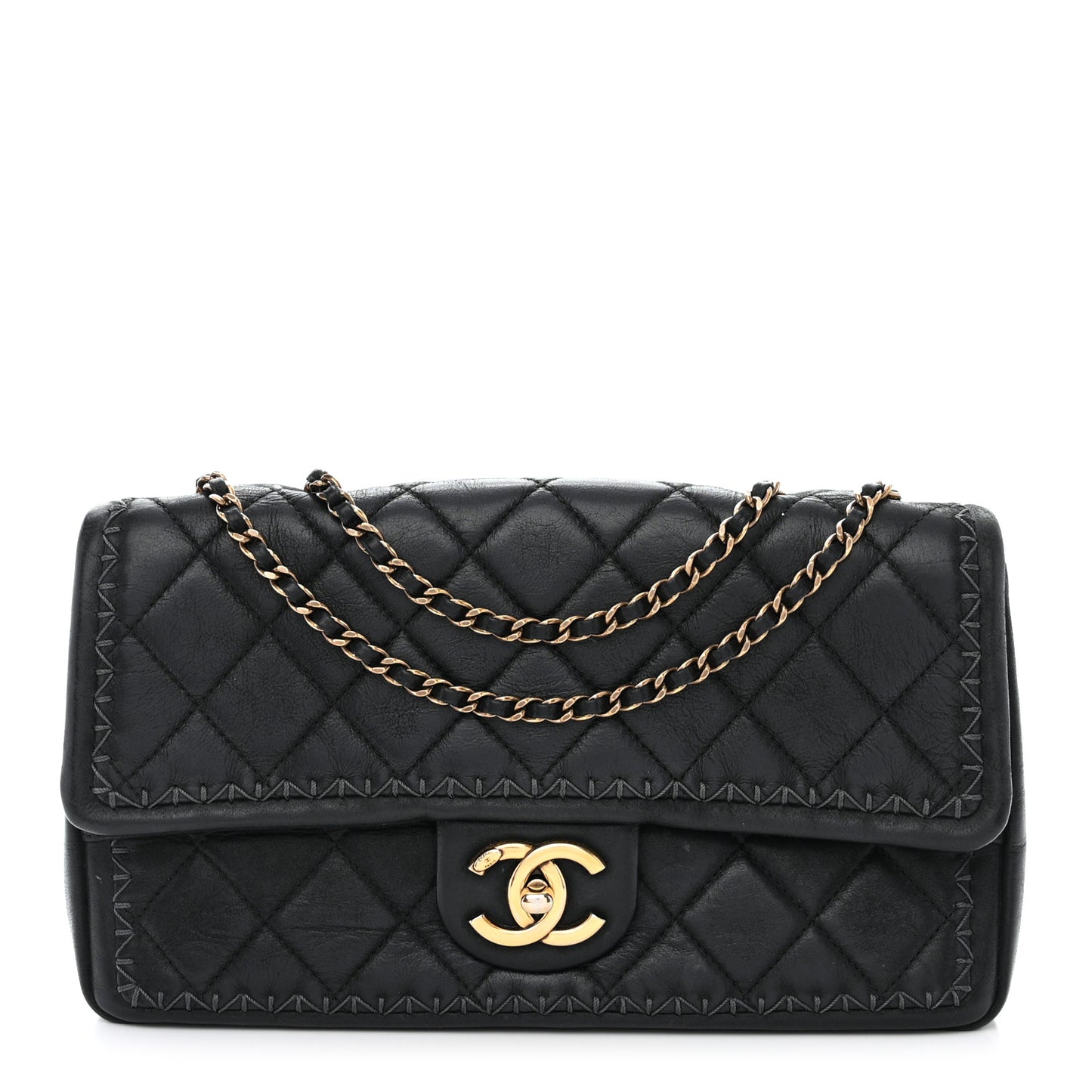 Lambskin Stitched Quilted Flap Black