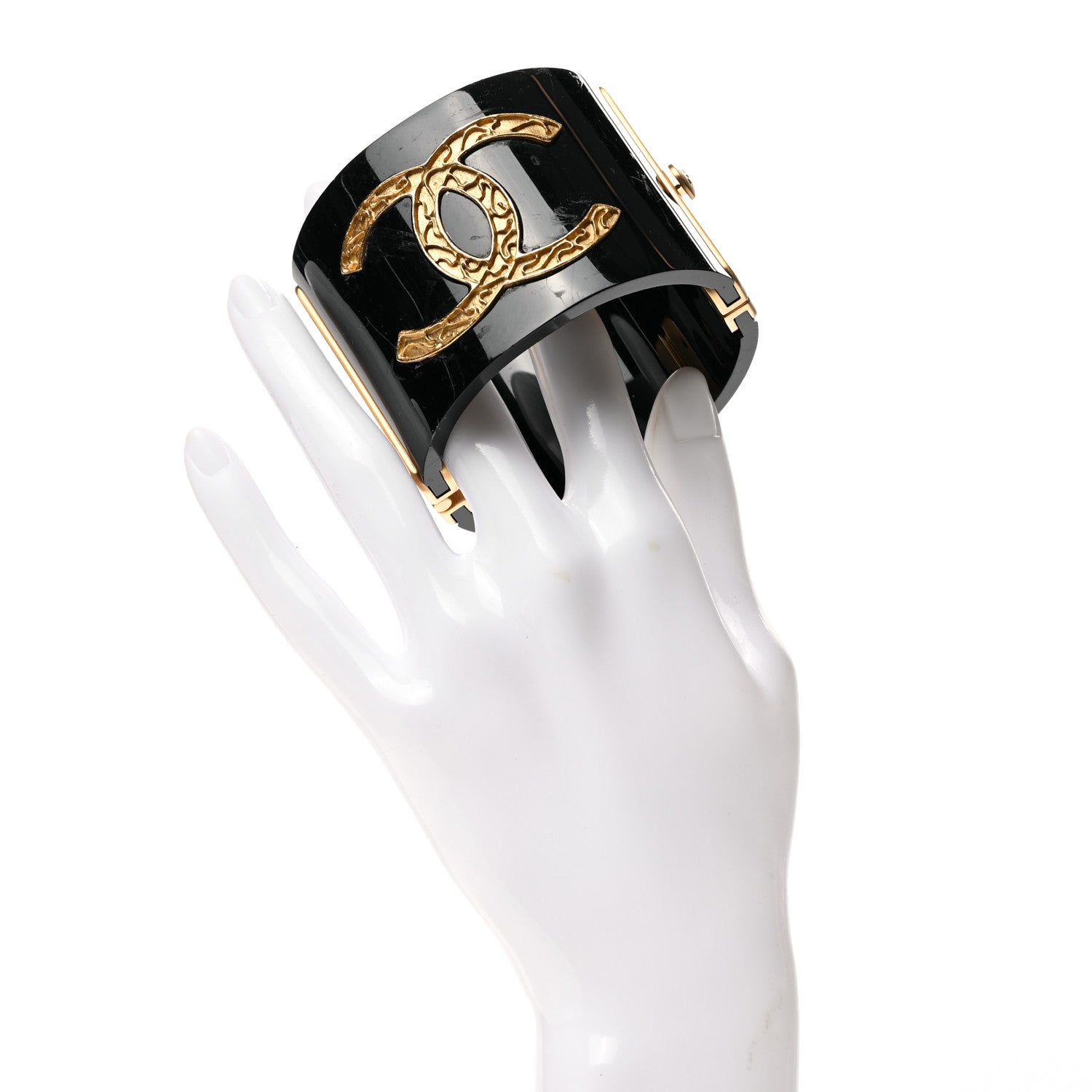 Chanel Resin CC Cuff Bracelet Black Gold 2 of 7