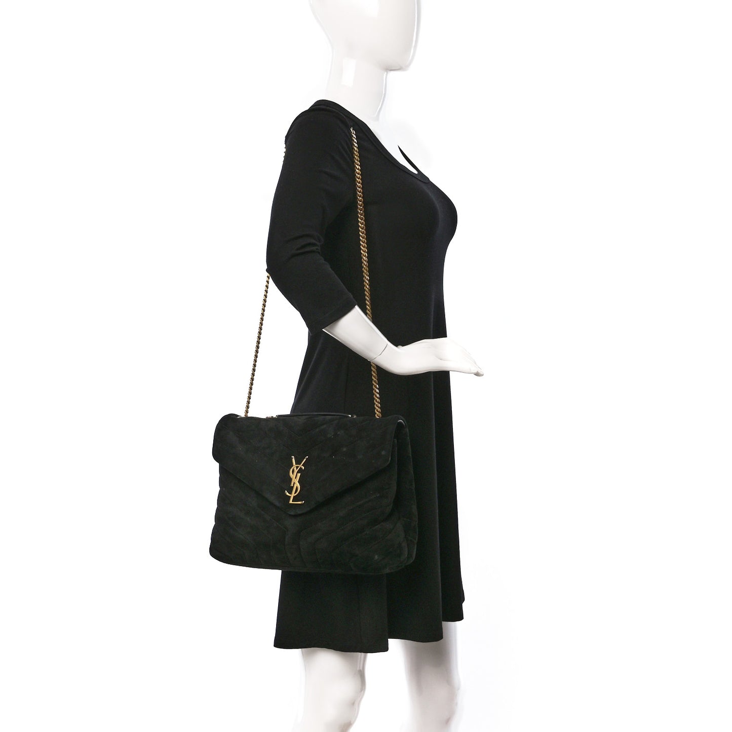Suede Y Quilted Monogram Medium Loulou Chain Satchel Black