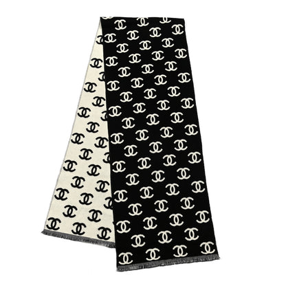 Chanel Wool Cashmere CC Scarf Black White 2 of 3