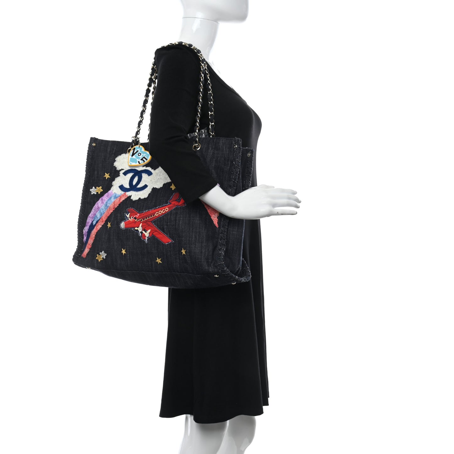 Denim Embroidered Night Flight Tote Blue