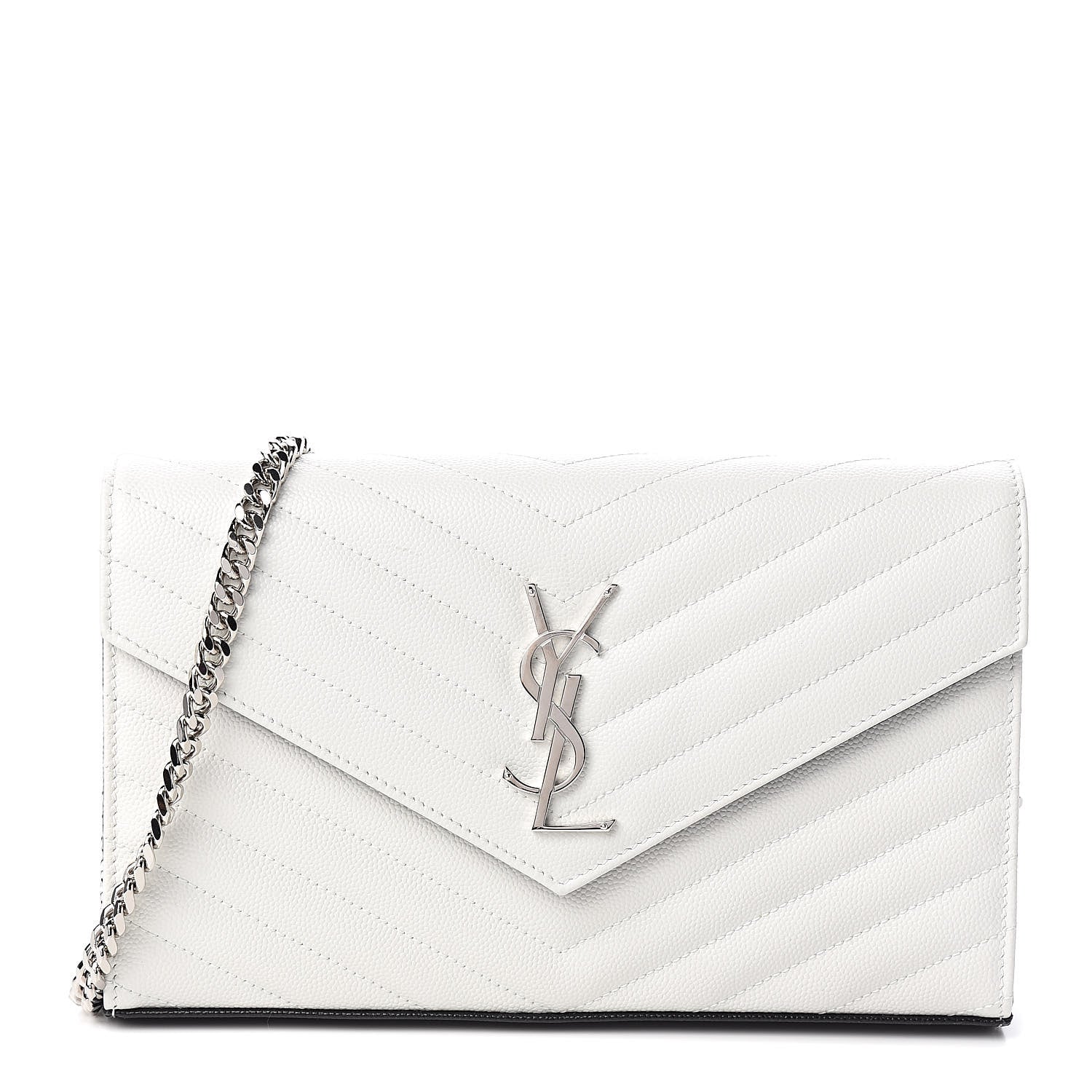 Saint Laurent Grain De Poudre Matelasse Bi-Color Chevron Monogram Chain Wallet White Black 1 of 10