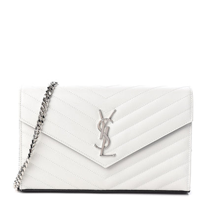 Saint Laurent Grain De Poudre Matelasse Bi-Color Chevron Monogram Chain Wallet White Black 1 of 10