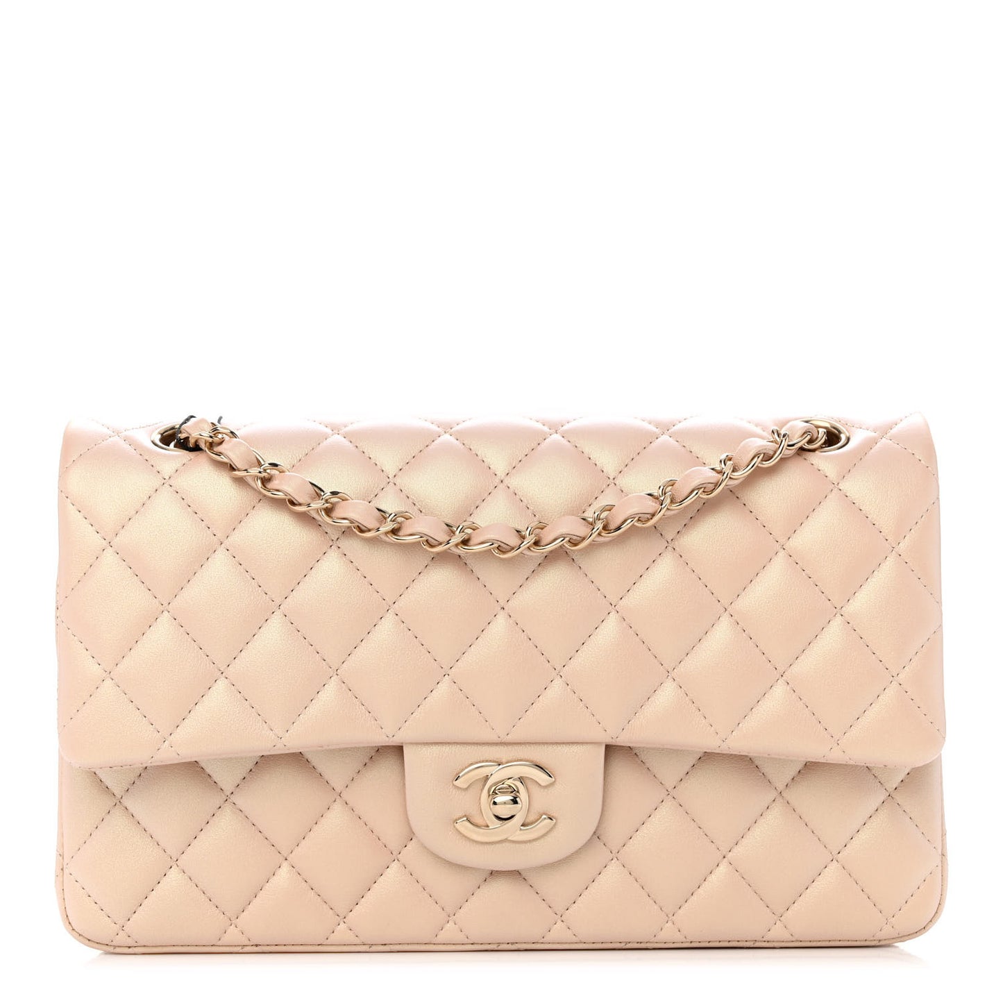 Iridescent Calfskin Quilted Medium Double Flap Beige