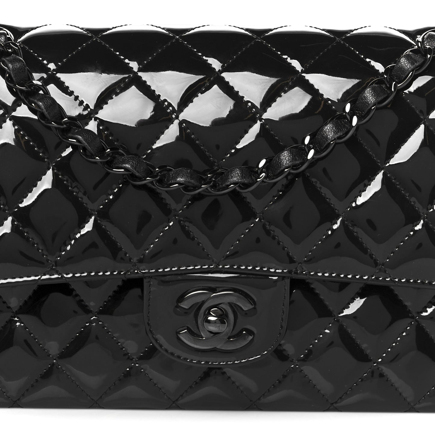 Patent Calfskin Quilted Medium Double Flap So Black So Black