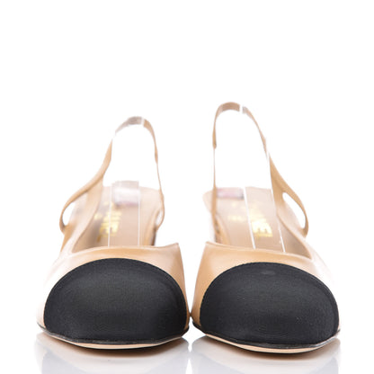 Chanel Goatskin Grosgrain Cap Toe CC Slingback Pumps 39 Beige Black 2 of 10