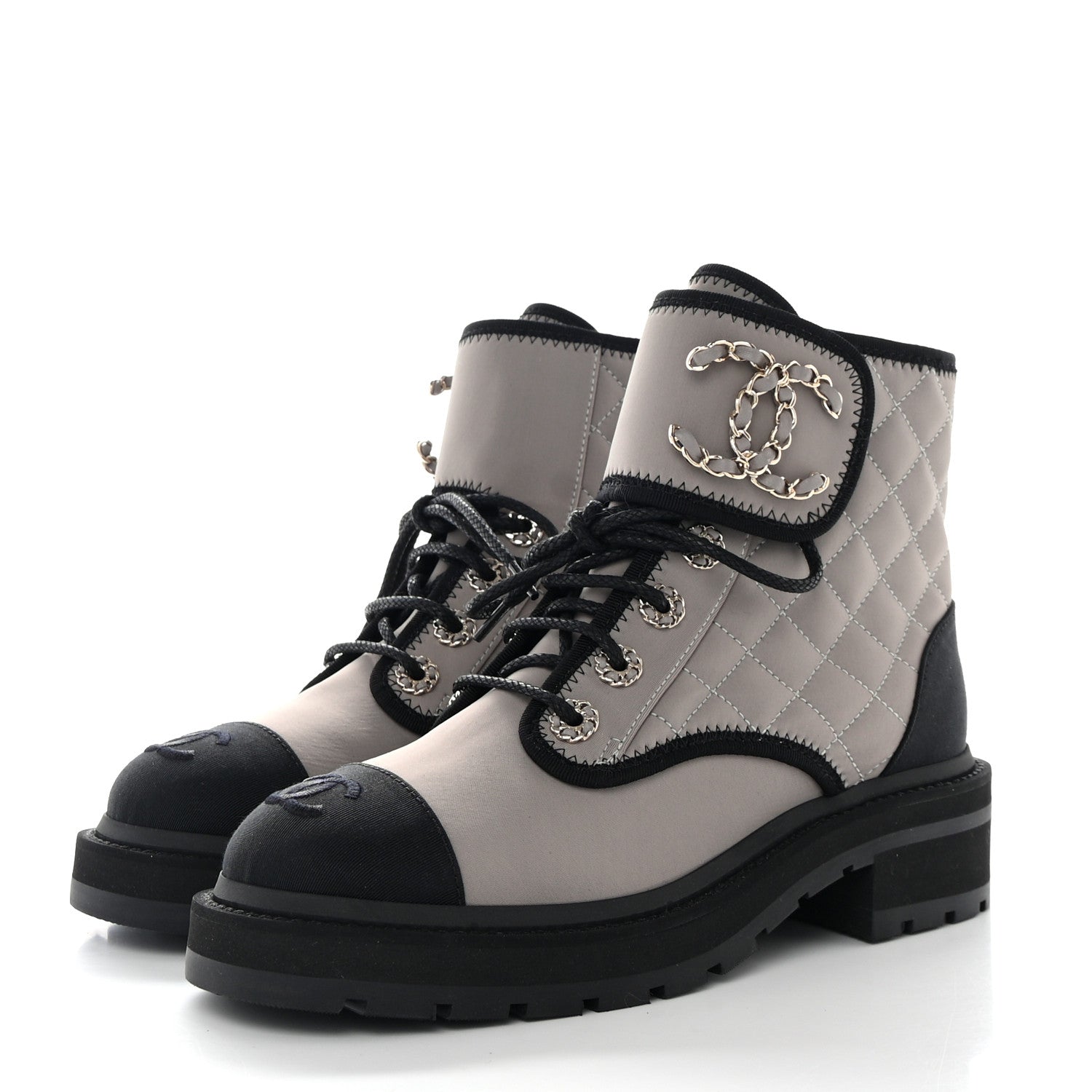 Chanel Fabric Grosgrain Quilted Cap Toe Lace Up Combat Boots 36 Gray 3 of 11