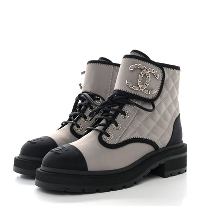 Chanel Fabric Grosgrain Quilted Cap Toe Lace Up Combat Boots 36 Gray 3 of 11
