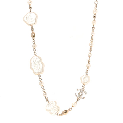 Chanel Pearl Crystal Camellia CC Necklace Gold 1 of 5