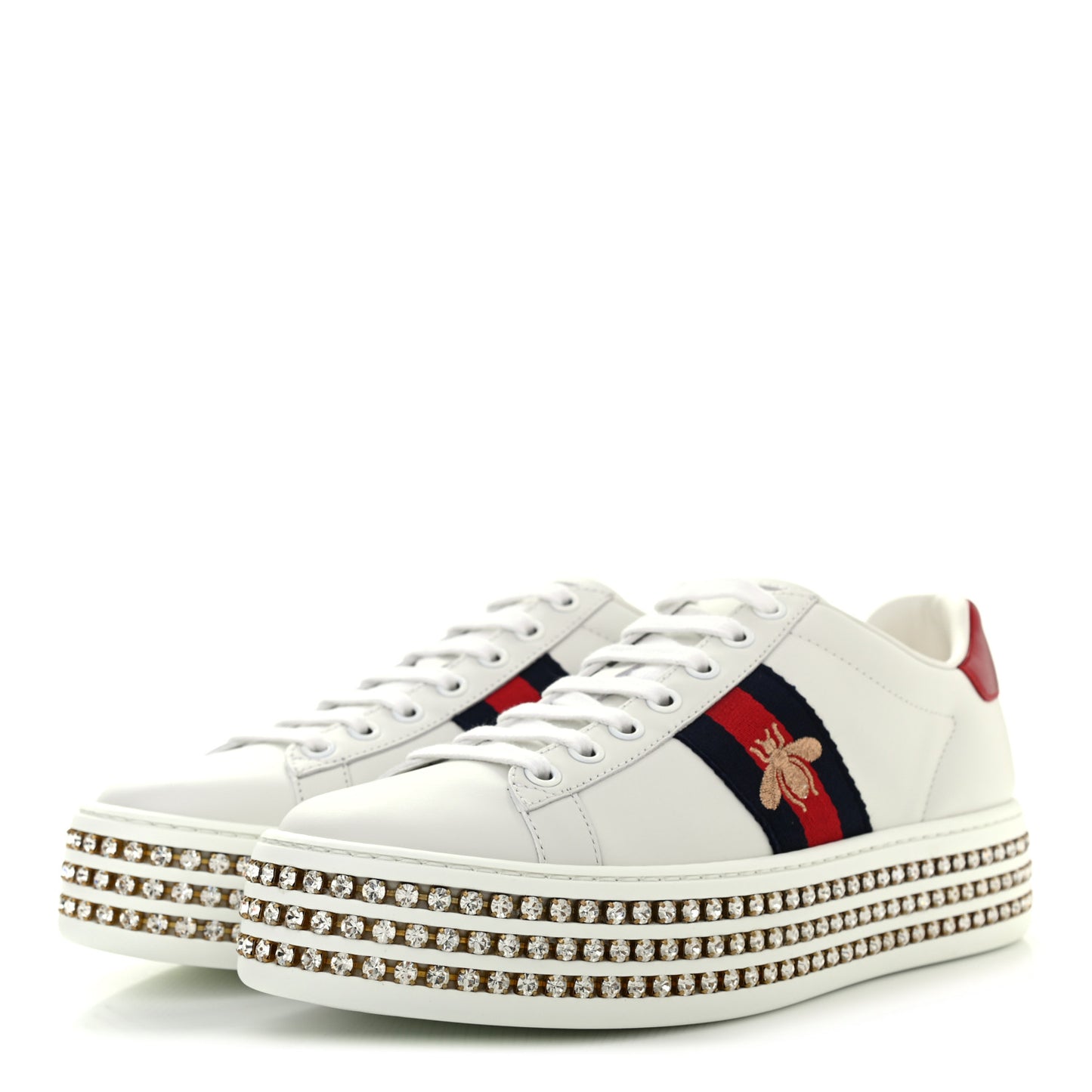 Calfskin Crystal Web Bee Embroidered Womens Ace Platform Sneakers 37 White