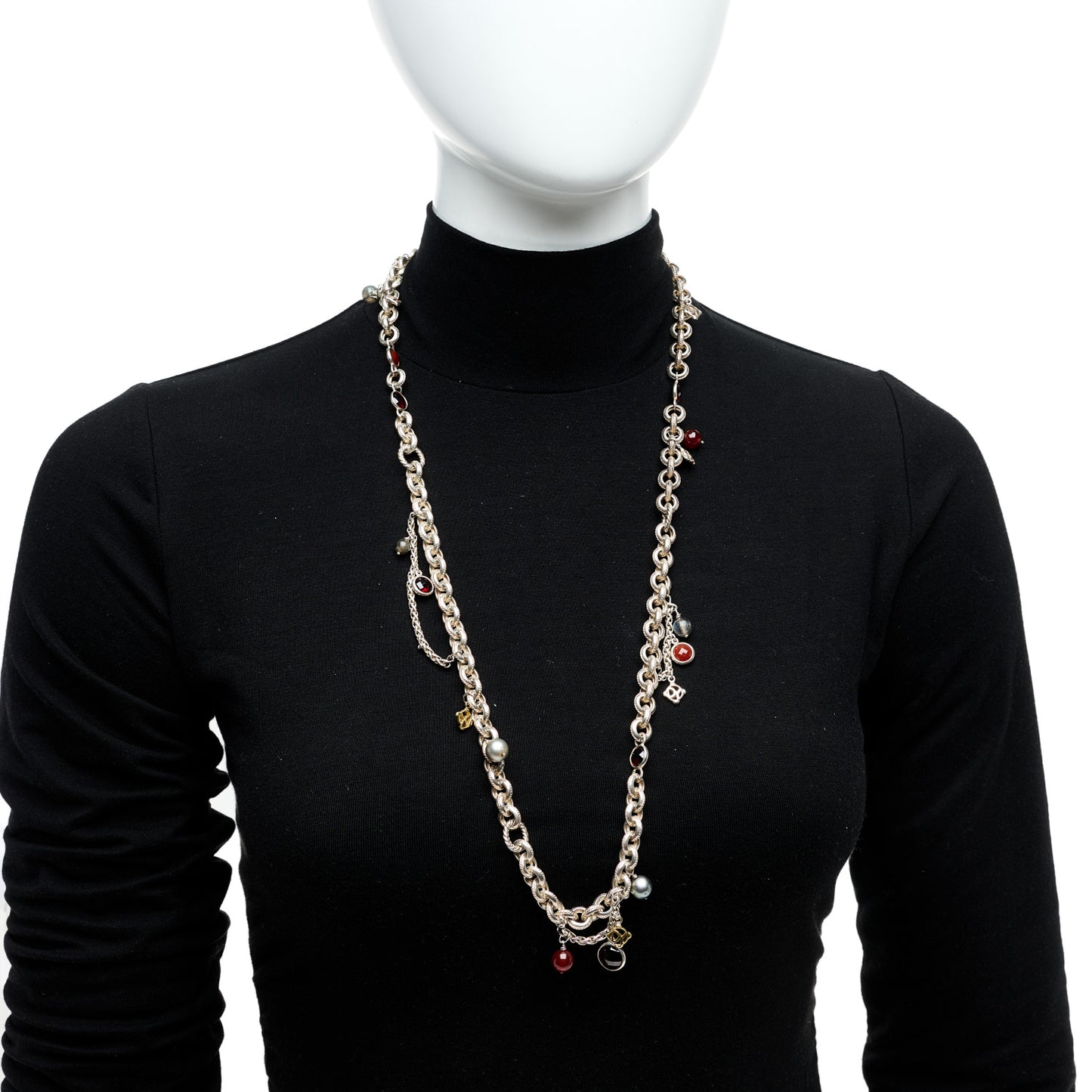 Sterling Silver 18K Yellow Gold Carnelian Garnet Cultured Pearl Labradorite Old World Charm Necklace