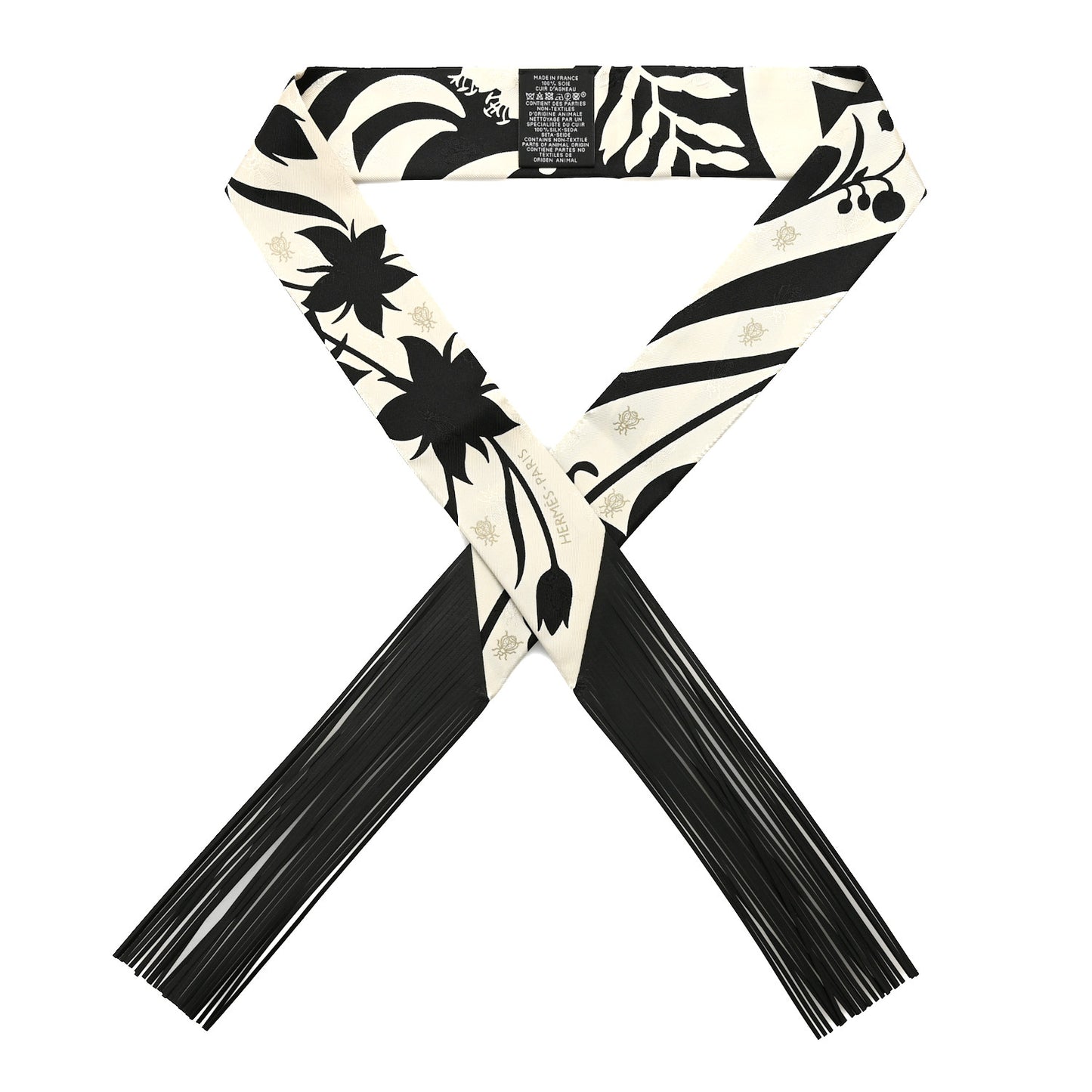 Silk Calfskin Bouquet Final Fringed Twilly Creme Black