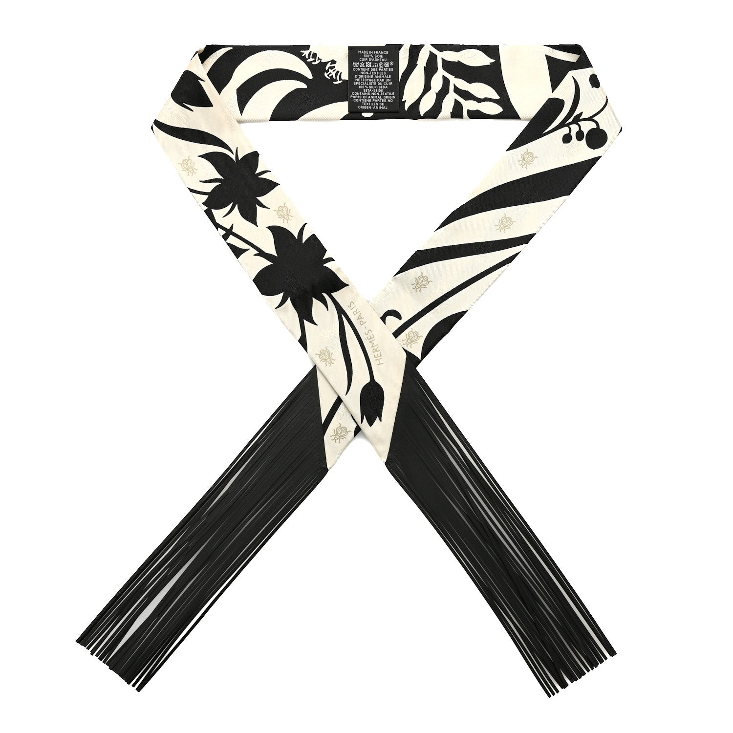Hermes Silk Calfskin Bouquet Final Fringed Twilly Creme Black 1 of 4
