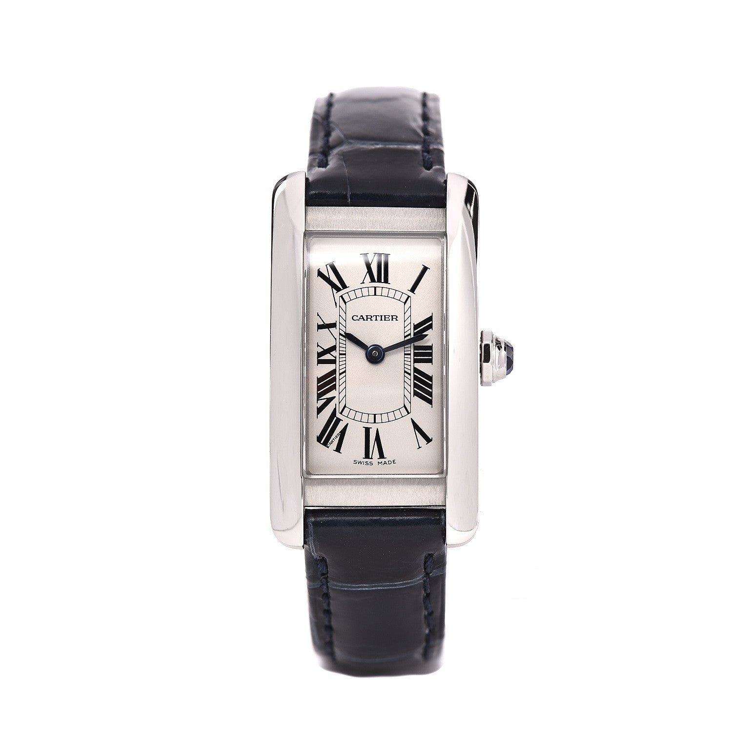 Cartier Stainless Steel Alligator 19mm Tank Americaine Quartz Watch Blue 1 of 10
