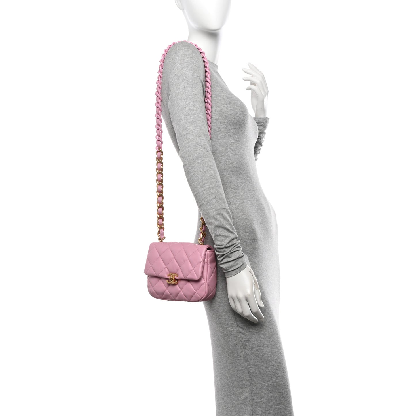 Lambskin Quilted Mini Lacquered Chain Flap Pink