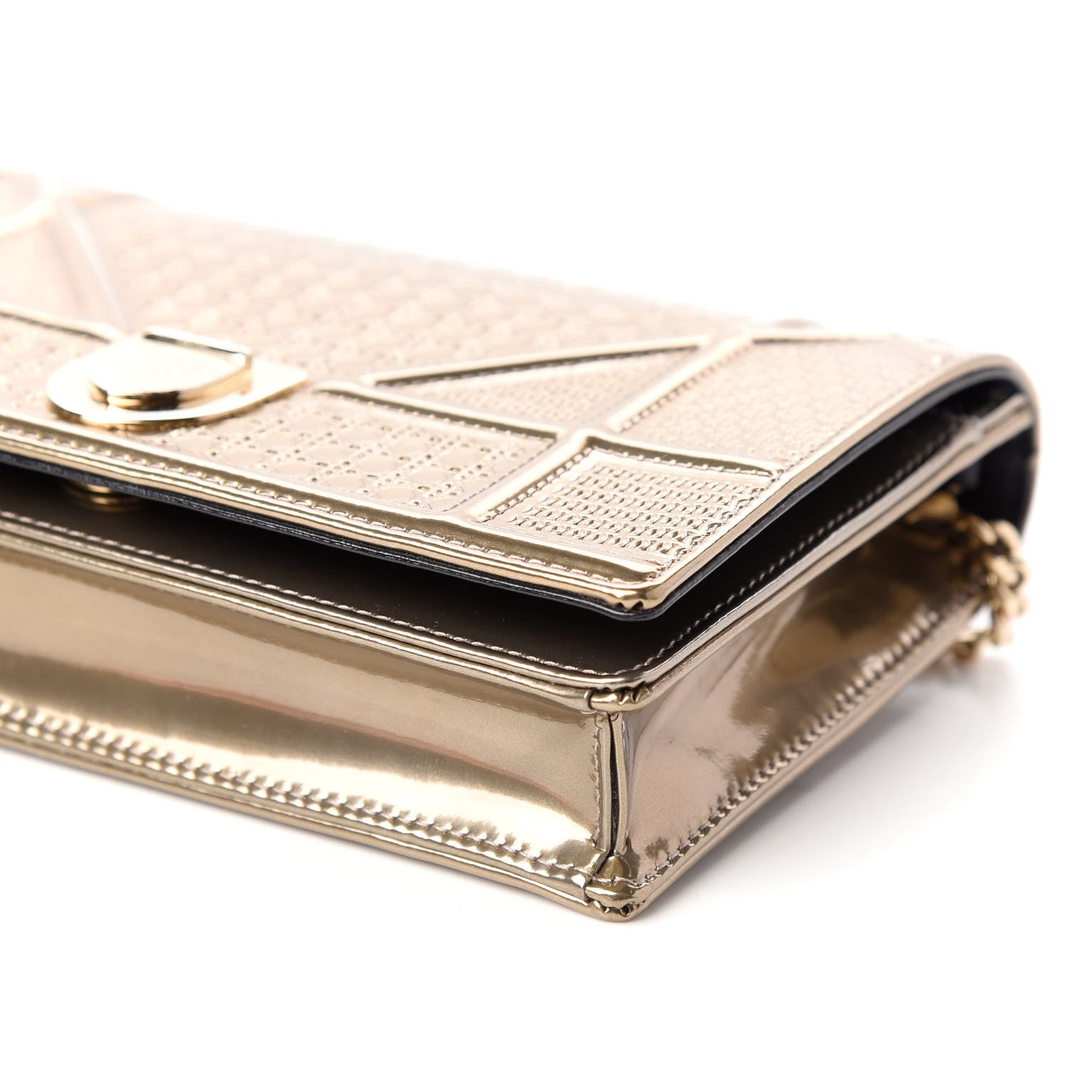 Christian Dior Metallic Patent Micro-Cannage Diorama Wallet on Chain Pouch Gold 8 of 8